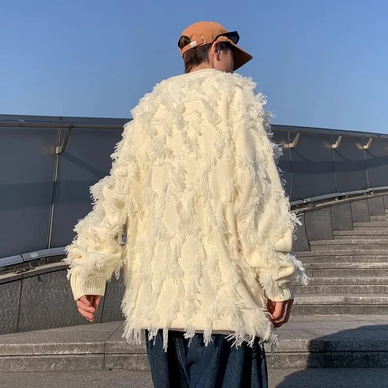 Winter Ripped Fringe Raw Edge Sweater For Men Hip Hop Fashion Knitted Pullovers Y2K Vintage Streetwear Knitwear Jersey Clothes