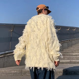 Winter Ripped Fringe Raw Edge Sweater For Men Hip Hop Fashion Knitted Pullovers Y2K Vintage Streetwear Knitwear Jersey Clothes