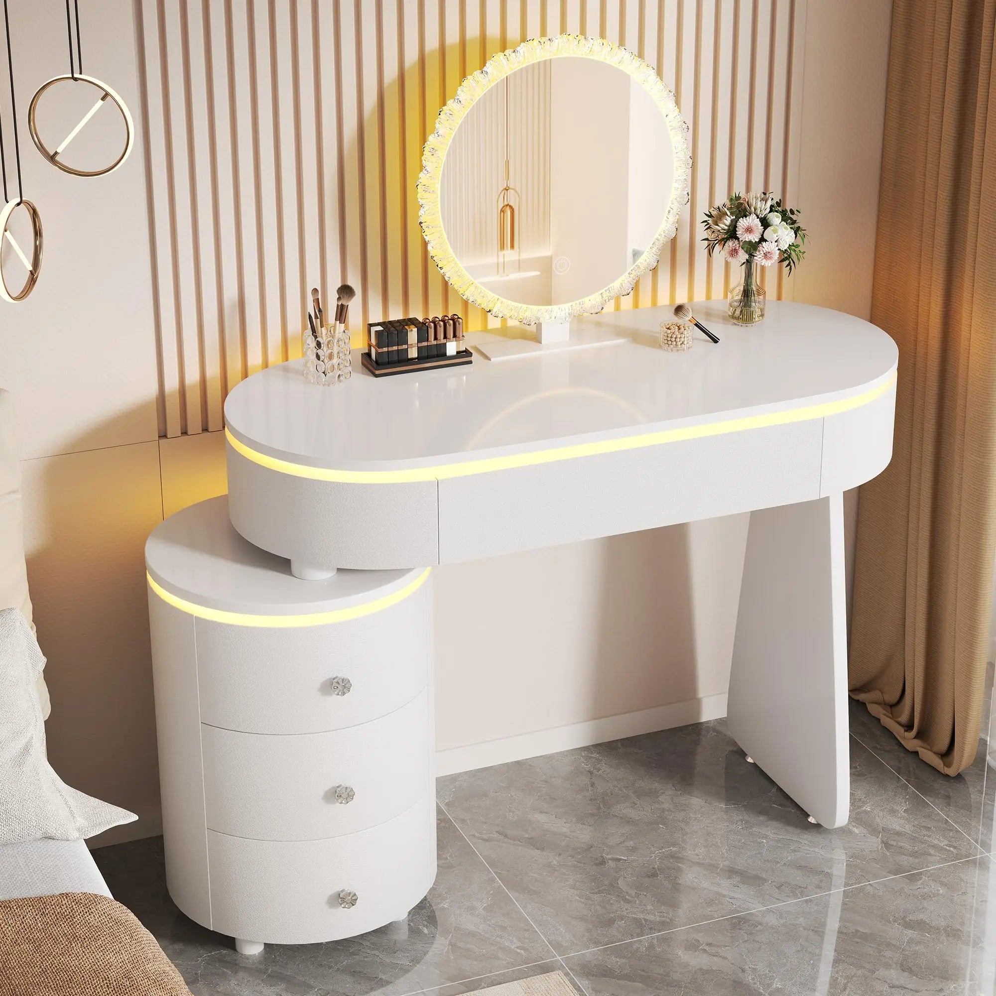 Round Makeup Vanity Desk with Mirror and Lights, Faux Leather Modern Vanity Desk with Reversible Side Cabinet, Small