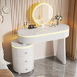 Round Makeup Vanity Desk with Mirror and Lights, Faux Leather Modern Vanity Desk with Reversible Side Cabinet, Small