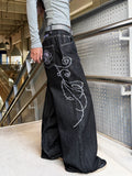 American Retro Heavy-Duty Letter Flower Embroidery Women's Loose Wide-Leg Jeans Street Fashion Fashion Versatile Black Trousers