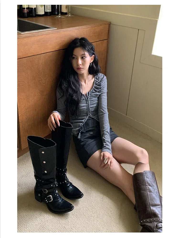 Woman Black Punk Knee High Platform Low Heel Trend Punk Gothic New Rock Leather Fashion Women Chunky Knight Motorcycle Footwear