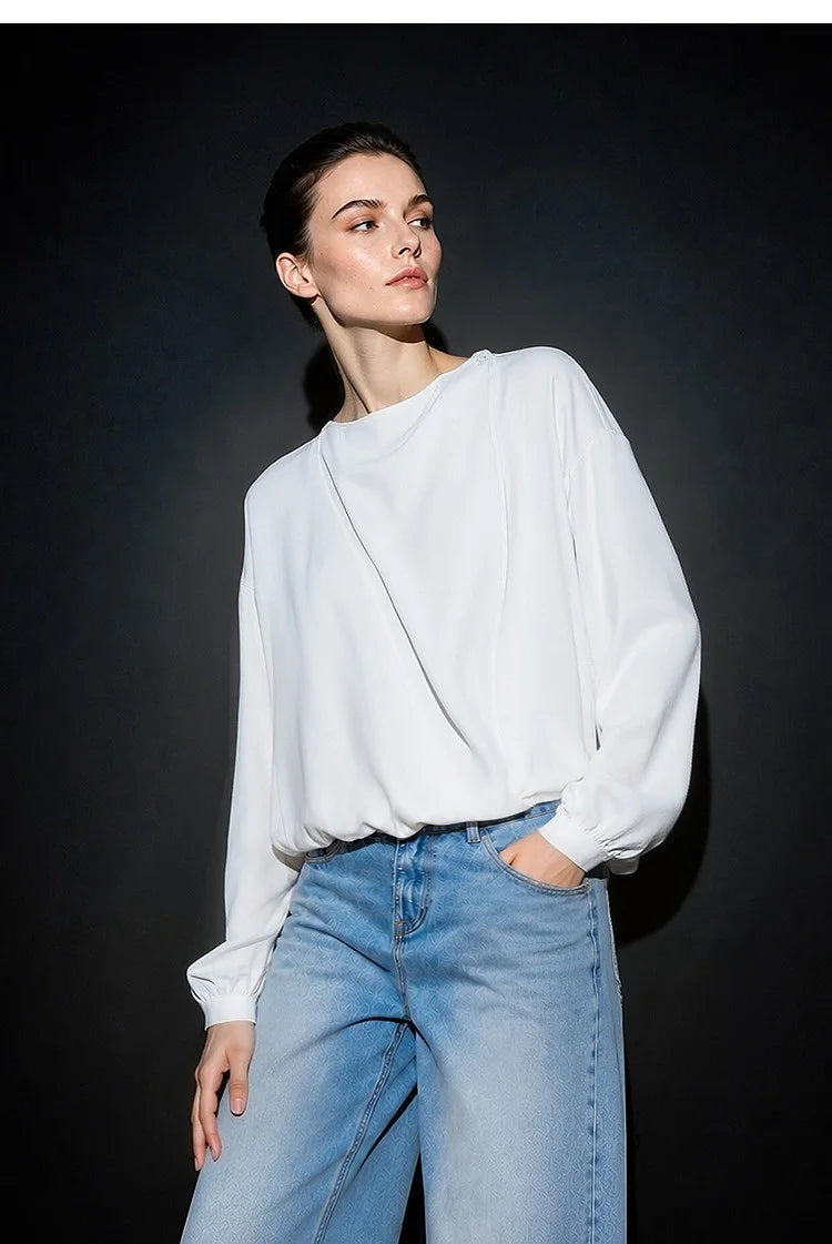 Amii 2026 Autumn Women Blouse Reversible V Neck Wrap Cowl Neck Long Sleeve Chiffon Blouses Woman Loose Casual Shirts 12643013