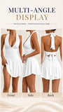 Women's Halter Deep V Neck Mini Dress, Ruched Waist Flared Ruffle Hem Bodycon Dress, Sexy Sleeveless Slim Fit Party Club Short Dress