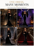 Women Gothic Velvet Mermaid Maxi Dress Bat Flared Long Sleeve Bodycon Gown Dark Witch Vampire Costume Halloween Cosplay Party Outfit