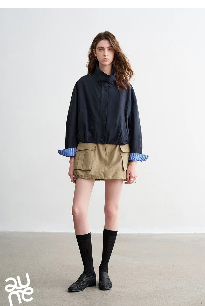 TOYOUTH Women Slub Cotton Jackets 2026 Spring New Cropped Tulip Silhouette Striped Cuff - Turn Up Stand Collar Tops