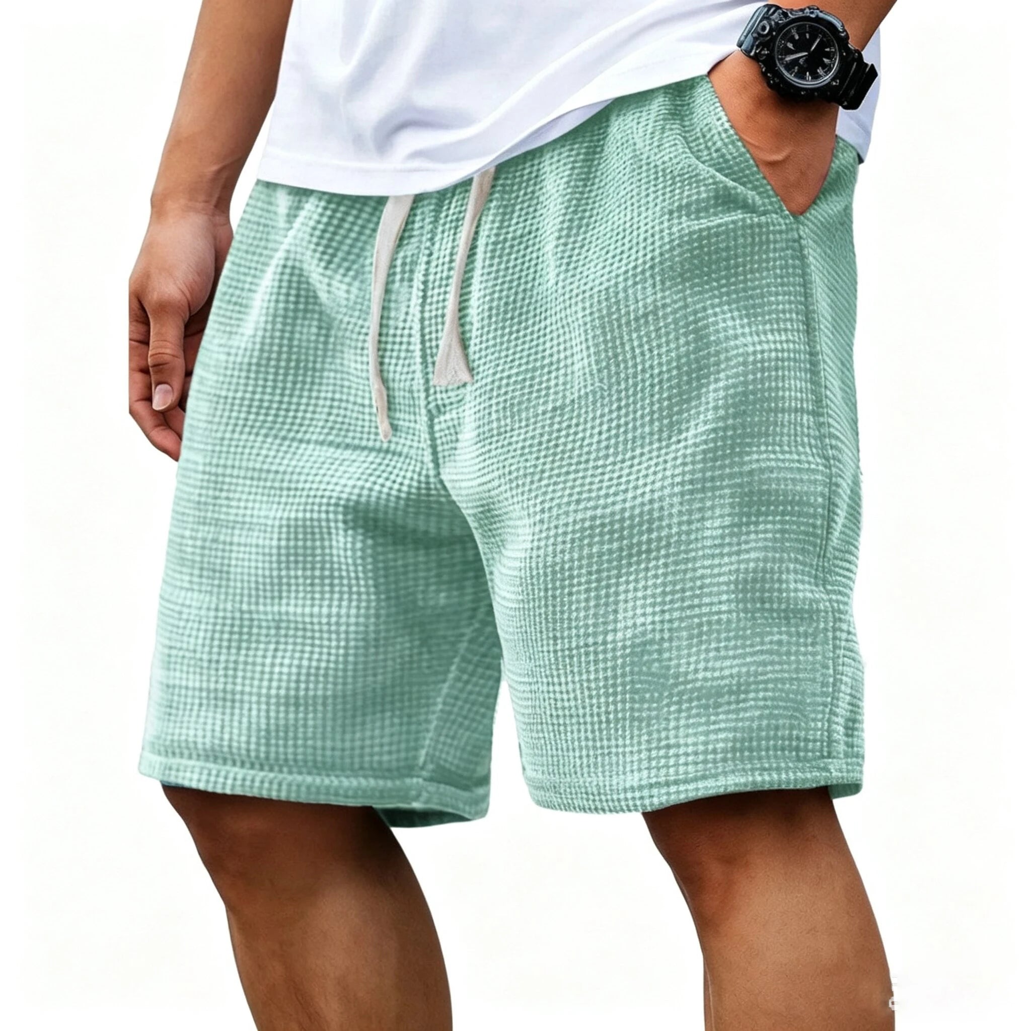 Men Shorts Solid Color Mid Waist Summer Motion Waffle Texture Deep Crotch Drawstring Mens Shorts Loose Knee Length Casual Short