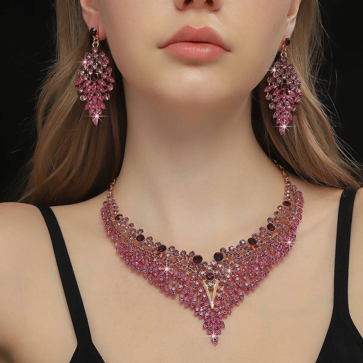 FYUAN Luxury Inlay Rhinestone Necklace Earrings For Women Purple Crystal Water Drop Pendant Wedding Bride Jewelry Sets