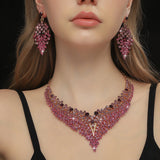FYUAN Luxury Inlay Rhinestone Necklace Earrings For Women Purple Crystal Water Drop Pendant Wedding Bride Jewelry Sets