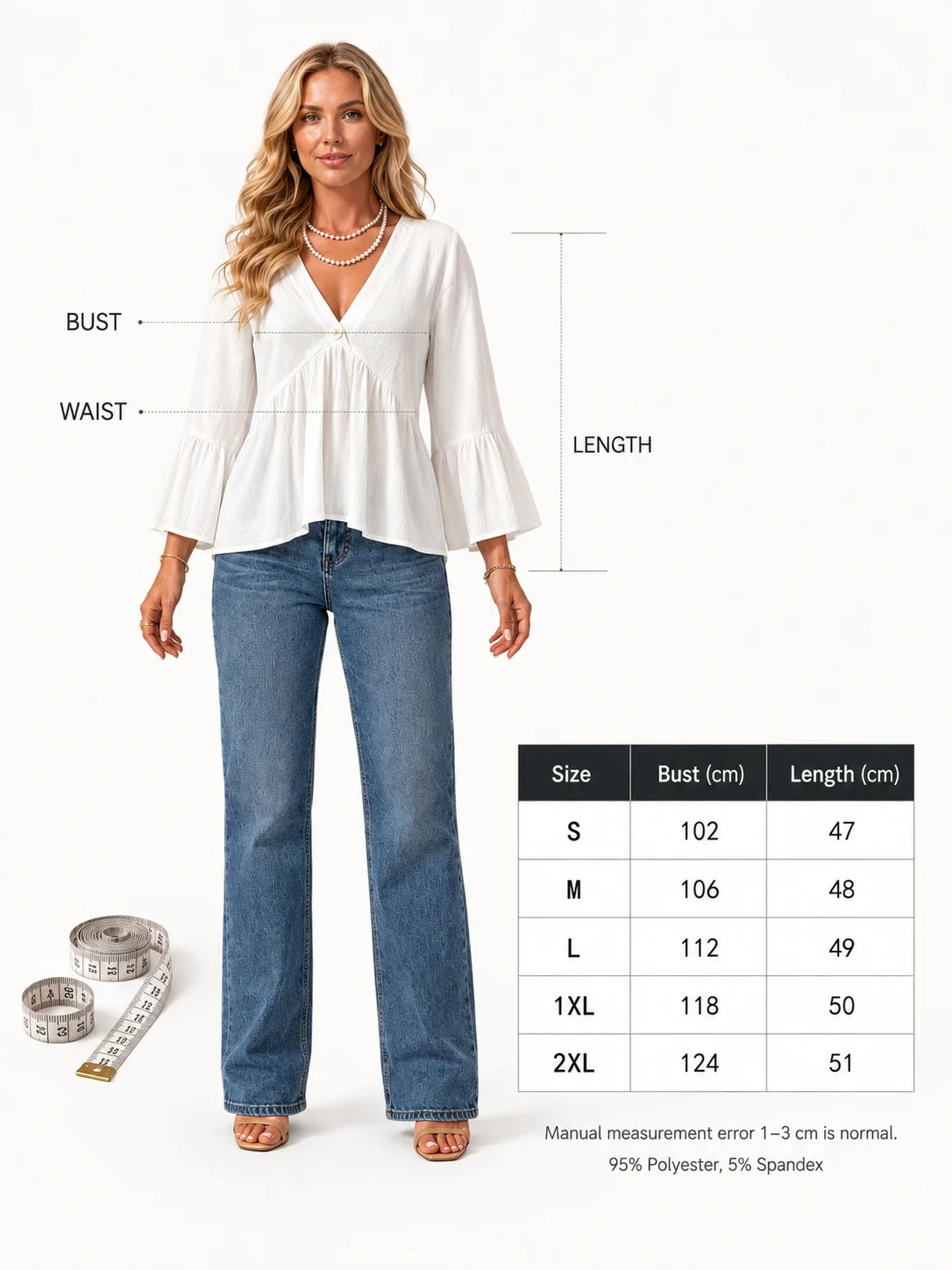V Neck Bell Sleeve Blouses for Women Loose Fit Babydoll Tunic Tops Single Button Pleated Flowy Shirts Casual Daily Office Going‑Out Tunic
