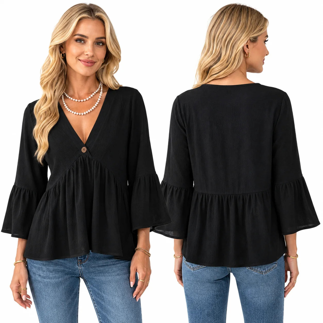 V Neck Bell Sleeve Blouses for Women Loose Fit Babydoll Tunic Tops Single Button Pleated Flowy Shirts Casual Daily Office Going‑Out Tunic