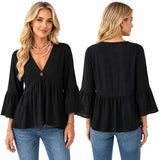 V Neck Bell Sleeve Blouses for Women Loose Fit Babydoll Tunic Tops Single Button Pleated Flowy Shirts Casual Daily Office Going‑Out Tunic
