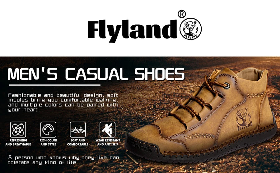 FLYLAND Men's Ankle Boots Casual Leather Shoes Fashion Vintage Hand Stitching Soft Business Handmade Shoes