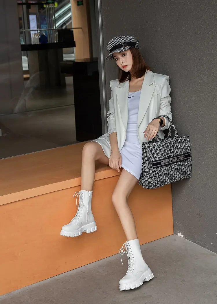 Platform Women's Ankle Boots Autumn 2023 Black White Thick Bottom Motorcycle Botas Mujer Pu Leather Non-Slip Combat Boots Women