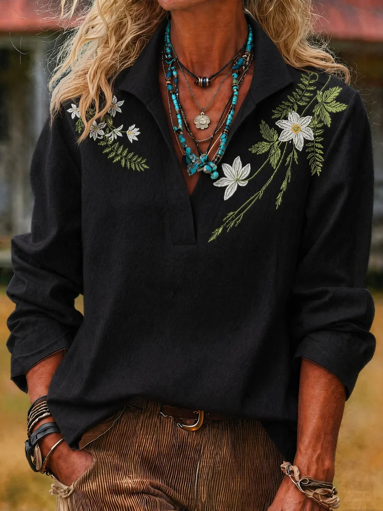 2026 New Fashion Trend Women's Embroidered Shirt, Bohemian Style with Floral and Botanical Embroidery, Loose Long-Sleeve Stand-Up Collar Shirt, Perfect for Spring and Autumn Outings and Casual Wear