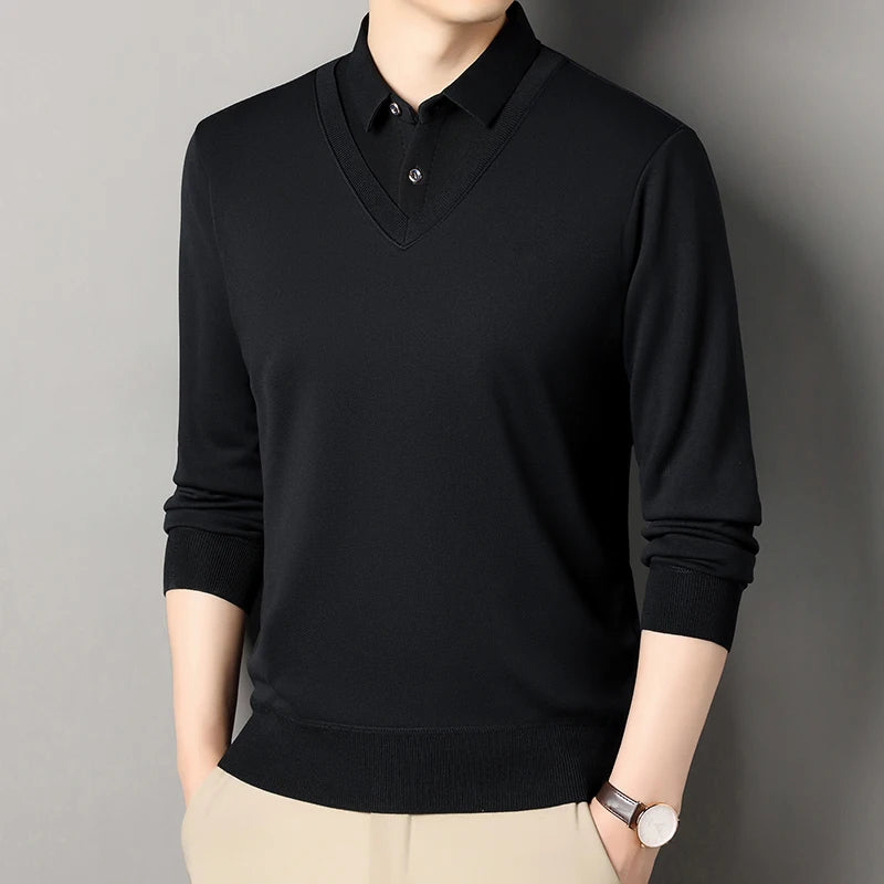 Men's Vintage Sweater Business Casual Pullover Slim Fit Fleece Lined Clothes Fake Two Pieces Knitted Sweaters
