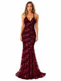 Sexy Sequin Floral Mermaid Evening Gown for Women Deep V Neck Spaghetti Strap Formal Prom Dress Floor Length Tulle Wedding Guest Party Ball Gown