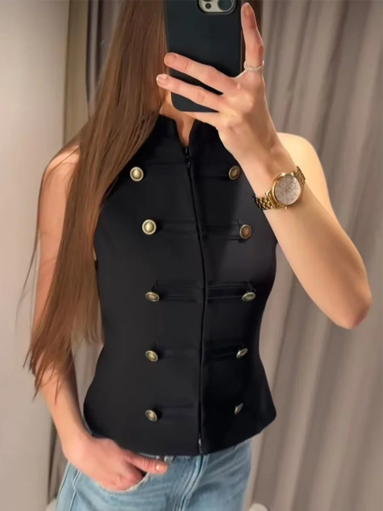 SLTNX Women's Top 2026 Spring New Black Sleeveless Rope Knot Decorative Slim Fit Top Vest Unique Fashion Cool Trendy