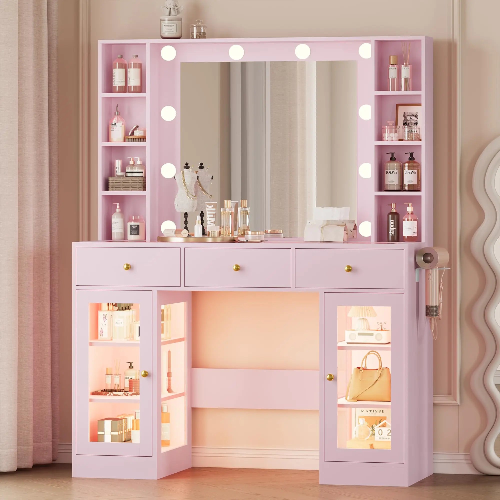 Makeup Vanity Desk with Mirror and Lights, Black Vanity with Glass Top, LED Lights & Power Outlet, 3 Drawers & 2 RGB