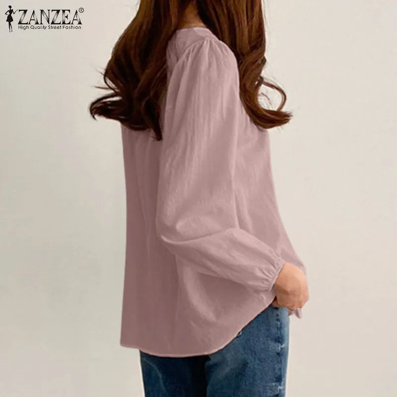 ZANZEA Elegant Solid Blouse Women Long Sleeve O Neck OL Work Shirt Spring Autumn Fashion Tunic Tops Blusas Female Loose Chemise