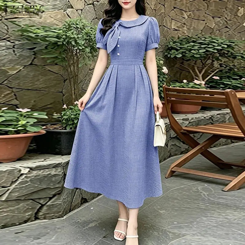 Women Summer Plaid Dress ZANZEA Elegant O Neck Short Sleeve Work Midi Sundress Woman Stylish A Line Holiday Robe Loose Dresses