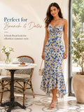 Floral Print Spaghetti Strap Maxi Dress for Women, V Neck Front Drawstring Bodycon Midi Long Dress, Slim Fit Split Hem Summer Beach Vacation Party Sundress