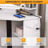 LED Vanity Desk With 3-Light Modes & Built-in Charging Station - Makeup Table With Open Storage Shelves, Drawers & Matching Stool