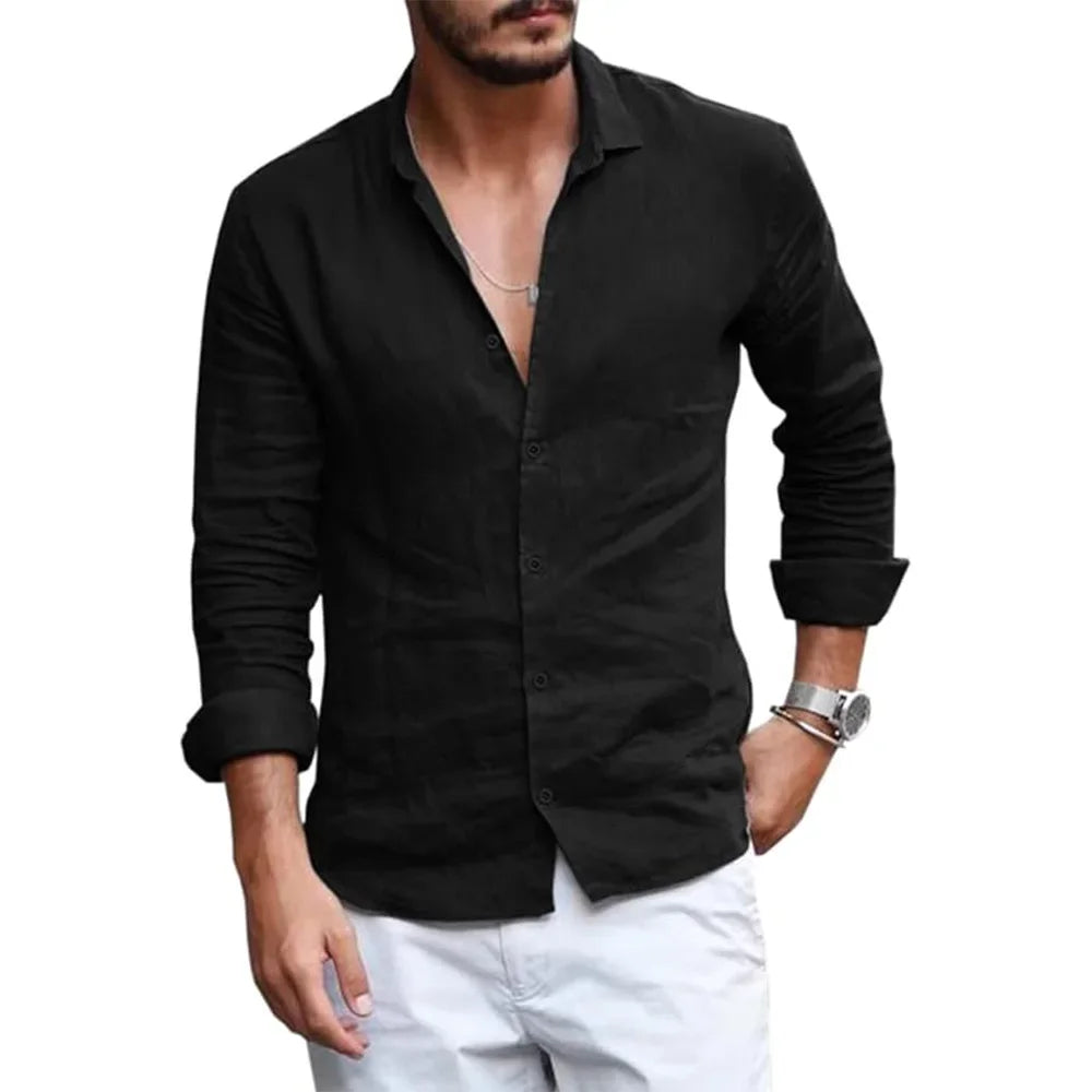 Summer Lightweight Breathable Men Shirt Long Sleeved Cotton and Linen Shirts Men Cardigan Tops Lapel Collar Men Beach Clothing