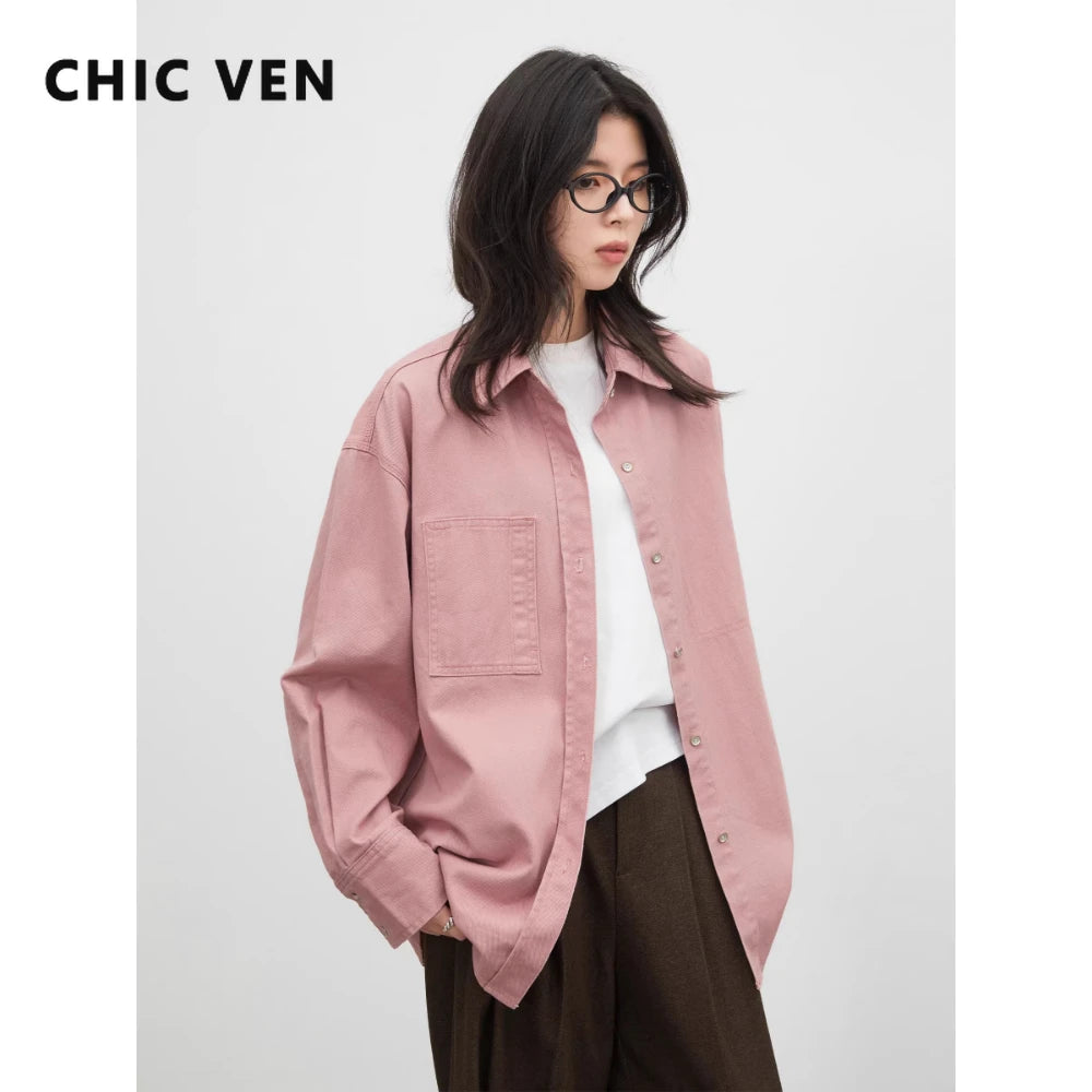 CHIC VEN Fashion Women Shirt Loose Casual Pink Long Sleeve Vintage Cotton Female Blouses Spring Summer 2026 Woman Jacket