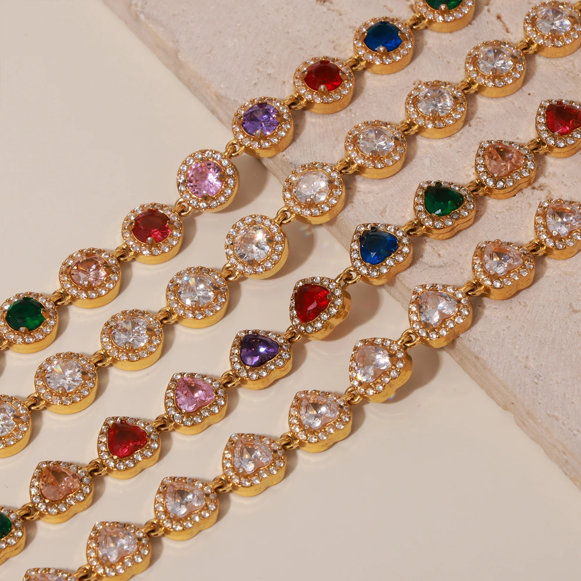 Colorful Zircon Necklace Heart Chain Bracelet Set Women's 316L Stainless Steel Gold-Plated Luxury Wedding Jewelry Accessories