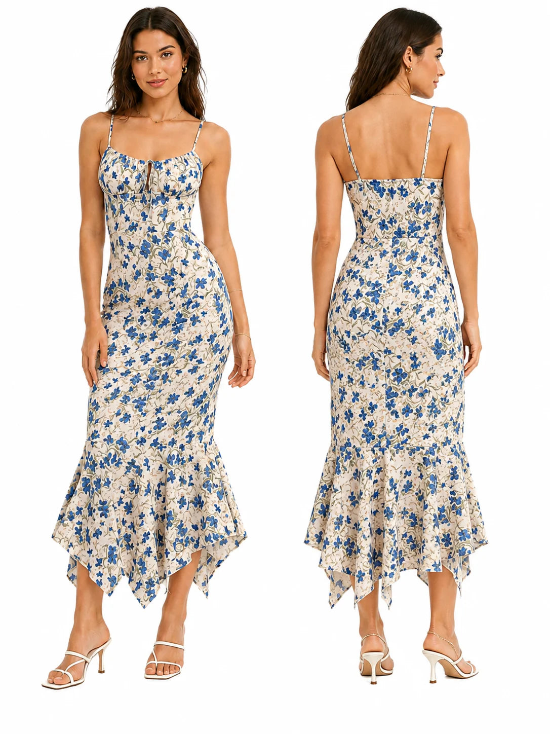 Floral Print Spaghetti Strap Maxi Dress for Women, V Neck Front Drawstring Bodycon Midi Long Dress, Slim Fit Split Hem Summer Beach Vacation Party Sundress