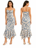 Floral Print Spaghetti Strap Maxi Dress for Women, V Neck Front Drawstring Bodycon Midi Long Dress, Slim Fit Split Hem Summer Beach Vacation Party Sundress