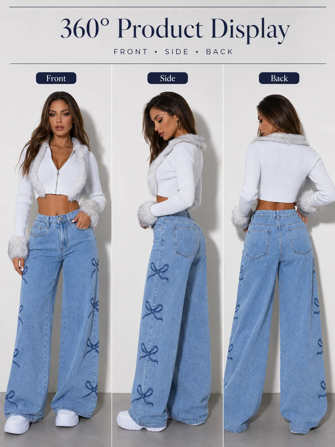 Y2K Bow Embroidery Wide Leg Jeans for Women, High Rise Vintage Light Wash Baggy Denim Trousers Trendy Casual Streetwear Daily Pants