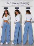 Y2K Bow Embroidery Wide Leg Jeans for Women, High Rise Vintage Light Wash Baggy Denim Trousers Trendy Casual Streetwear Daily Pants