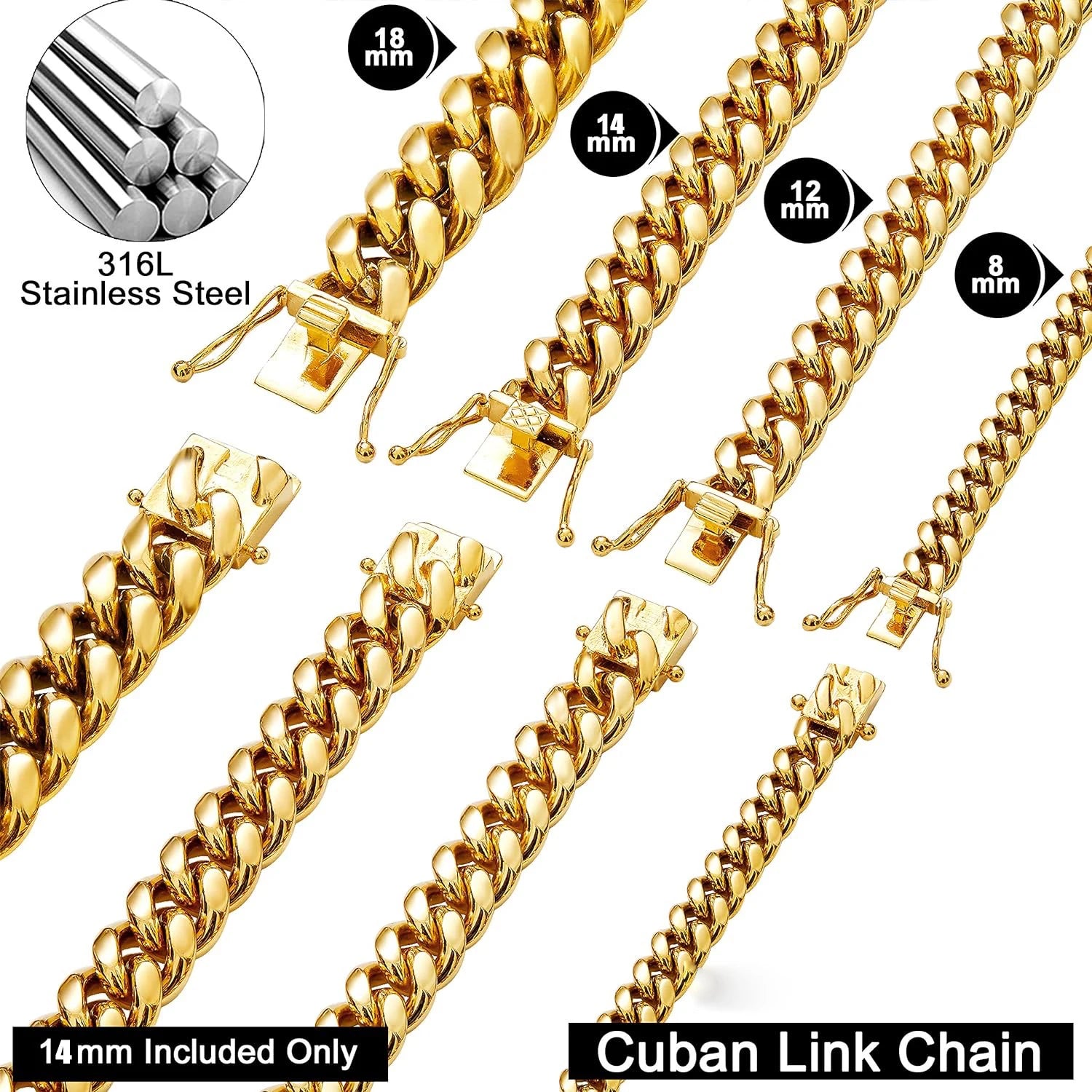 6-14mm Wide Stainless Steel Cuban Miami Chains Necklaces Mens Necklace Chain 316L Stainless Steel Hip Hop Necklace Gold Color
