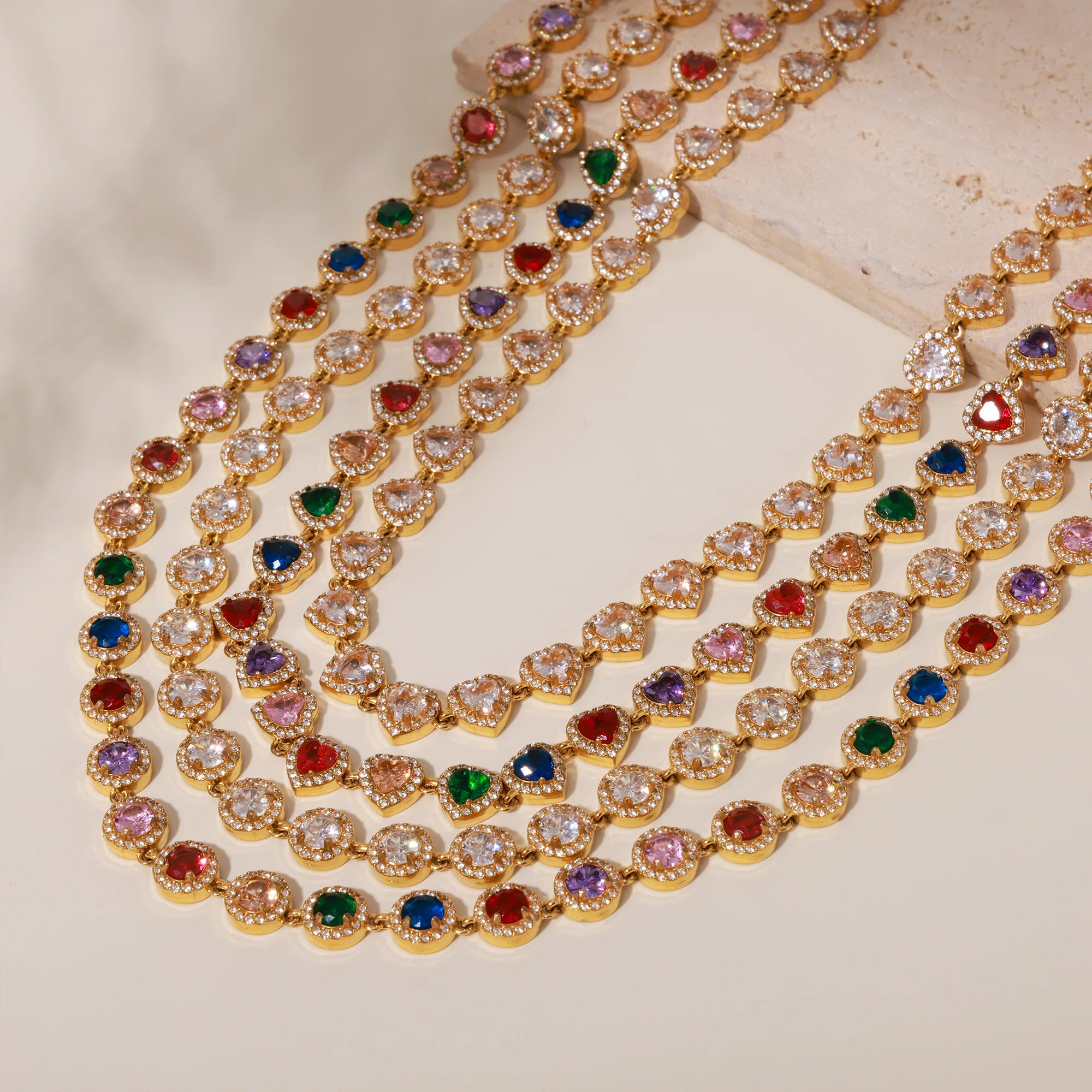 Colorful Zircon Necklace Heart Chain Bracelet Set Women's 316L Stainless Steel Gold-Plated Luxury Wedding Jewelry Accessories