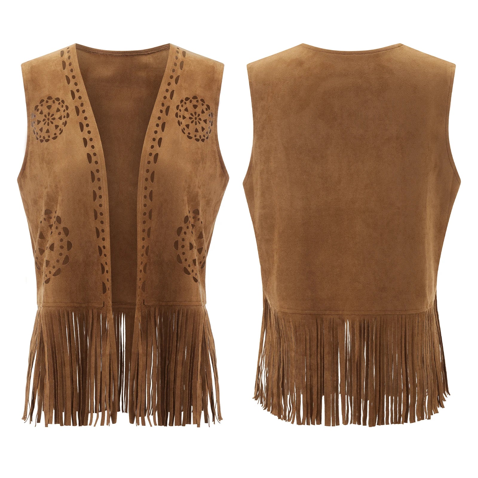 Puloru Fringe Faux Suede Vests Women's Casual Sleeveless Open Front Tassel Hippie Jackets Western Style Streetwear Outwears