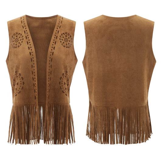 Puloru Fringe Faux Suede Vests Women's Casual Sleeveless Open Front Tassel Hippie Jackets Western Style Streetwear Outwears