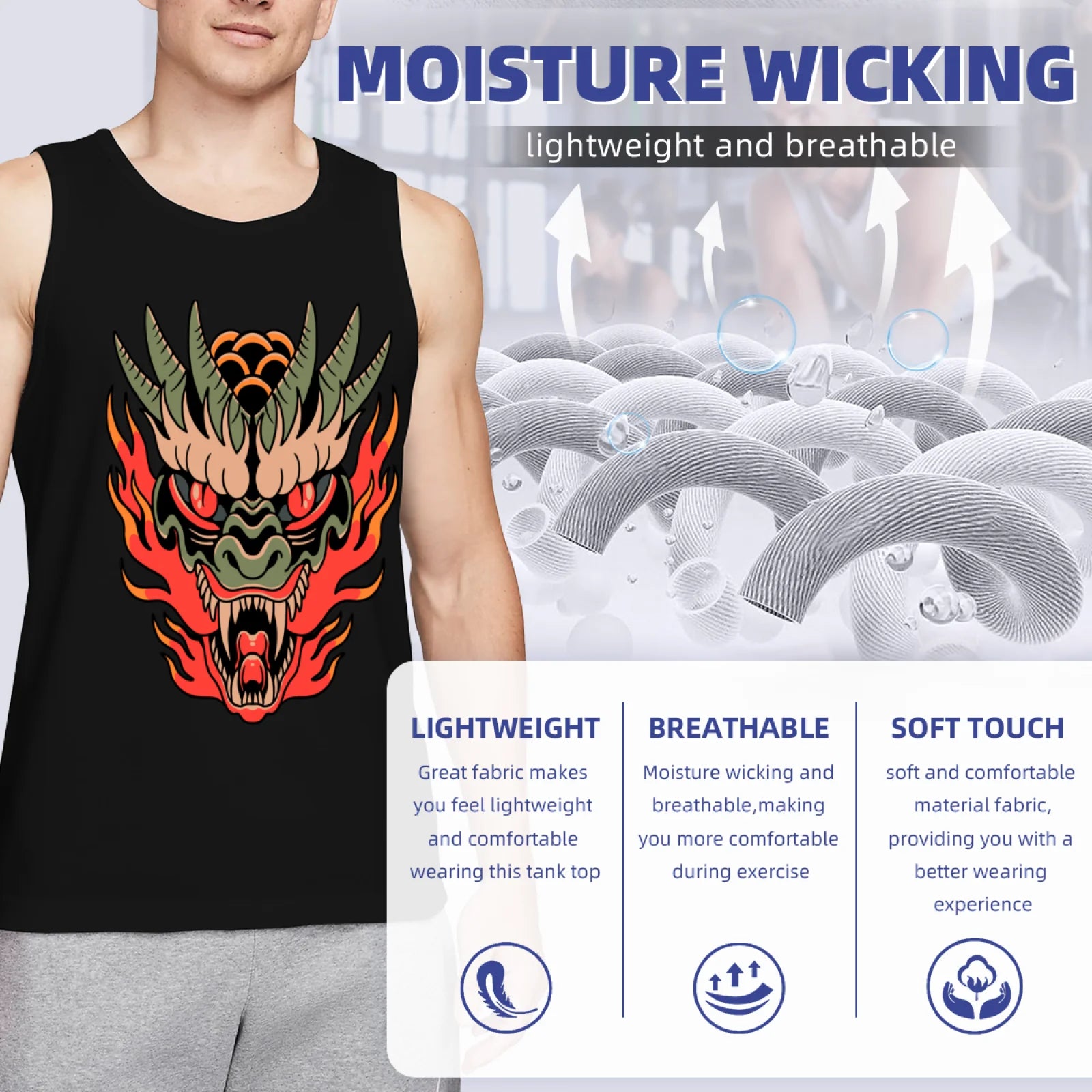 Men's Cool Dragon Head Tank Top, Y2K Grunge Aesthetic Black Sleeveless Shirt, Edgy Flame Monster Graphic Gym Vest, Summer Casual Muscle Tee