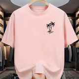 Men's summer 100% cotton fashionable casual loose coconut tree pattern printed sports round neck short sleeved T-shirt top