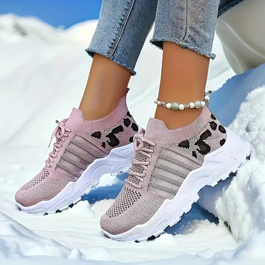 Women Leopard Print Mesh Chunky Platform Sneakers Thick Sole Lace Up Casual Shoes Breathable Non Slip Walking Trainers Multicolor Fashion All Match Daily Outdoor Sports Footwear For Ladies All Seasons Daily Wear