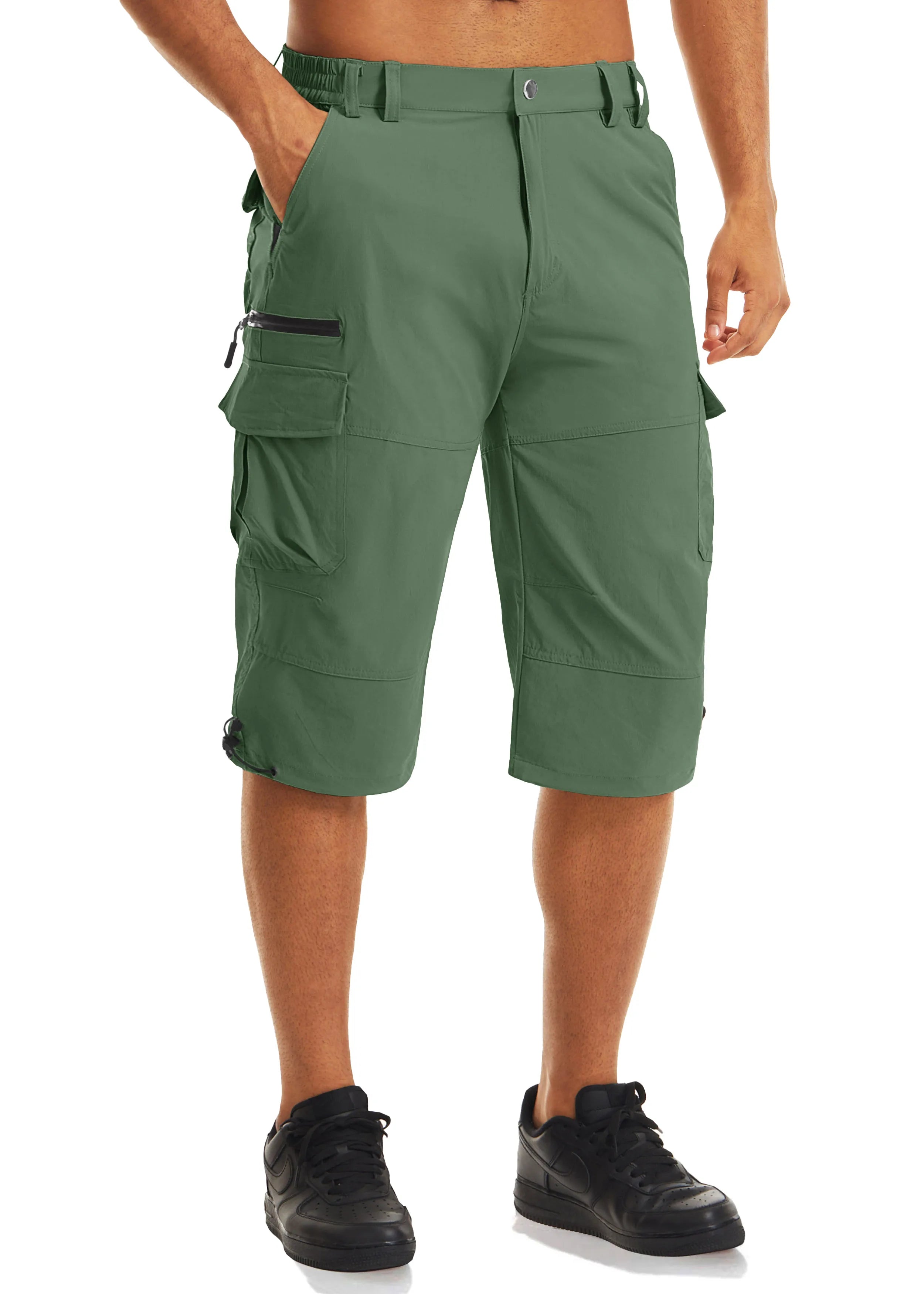 Men's Cargo Work Shorts Quick Dry 3/4 Length Capri Pants Multi-pockets Knee Length Trousers Summer Board Beach Shorts