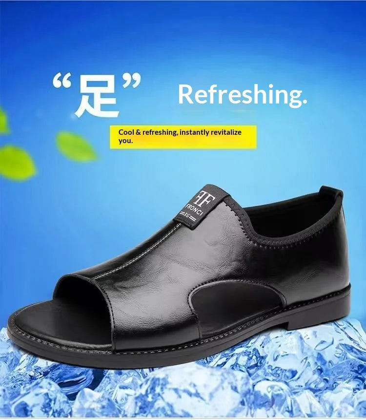 New Style Perforated, Breathable and Anti-Slip Outerwear Casual Leather Slip-On Sandals for Men Size 48 Large Size
