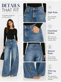 Women High Waist Wide Leg Jeans, Side Cutout Eyelet Rivet Denim Pants Loose Fit Hollow Out Flared Trousers Streetwear Fashion Baggy Jeans with Pockets