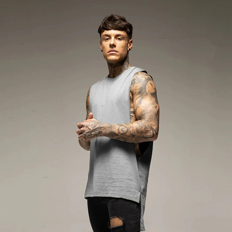 Mens Casual Gym Tank Top Summer Fitness Clothing Cotton Workout Sports Sleeveless Shirt Male Extend Long Singlet Hip Hop Vest