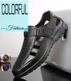 Men's Genuine Leather Sandals Men Summer Hollow Breathable Leather Shoes Mens Casual Soft Comfortable Flats EU Sizes 38-48