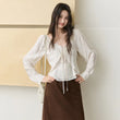 MISHOW Women's French Lace Trim Blouse 2026 Autumn V‑Neck Tie Front Loose solid blouses Babydoll Style Casual Tops MXF43X2783