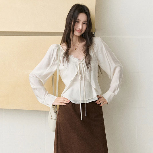 MISHOW Women's French Lace Trim Blouse 2026 Autumn V‑Neck Tie Front Loose solid blouses Babydoll Style Casual Tops MXF43X2783