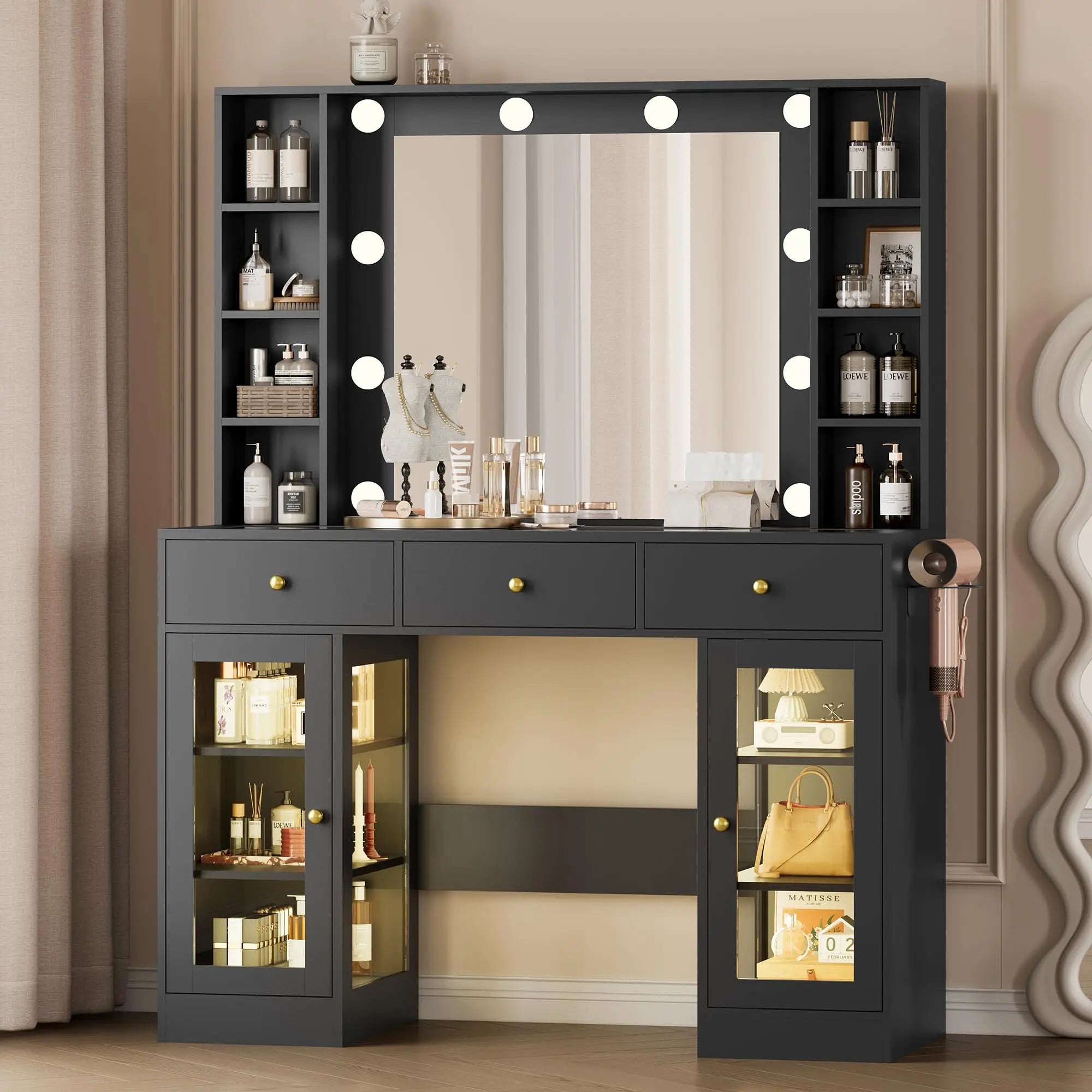 Makeup Vanity Desk with Mirror and Lights, Black Vanity with Glass Top, LED Lights & Power Outlet, 3 Drawers & 2 RGB