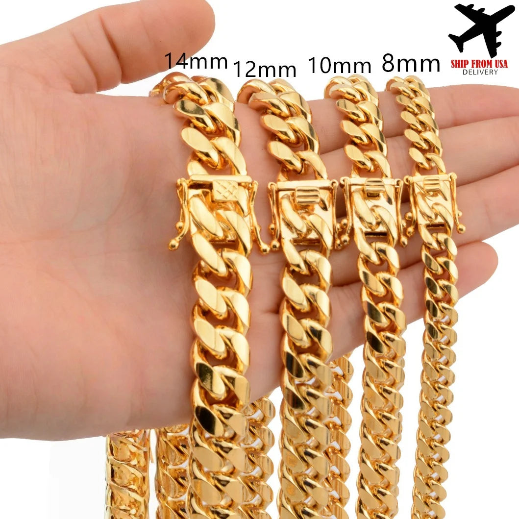 6-14mm Wide Stainless Steel Cuban Miami Chains Necklaces Mens Necklace Chain 316L Stainless Steel Hip Hop Necklace Gold Color